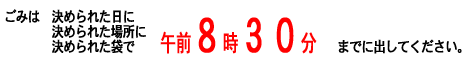 ごみは、決められた日に、決められた場所に、決められた袋で午前8時30分までに出してください。