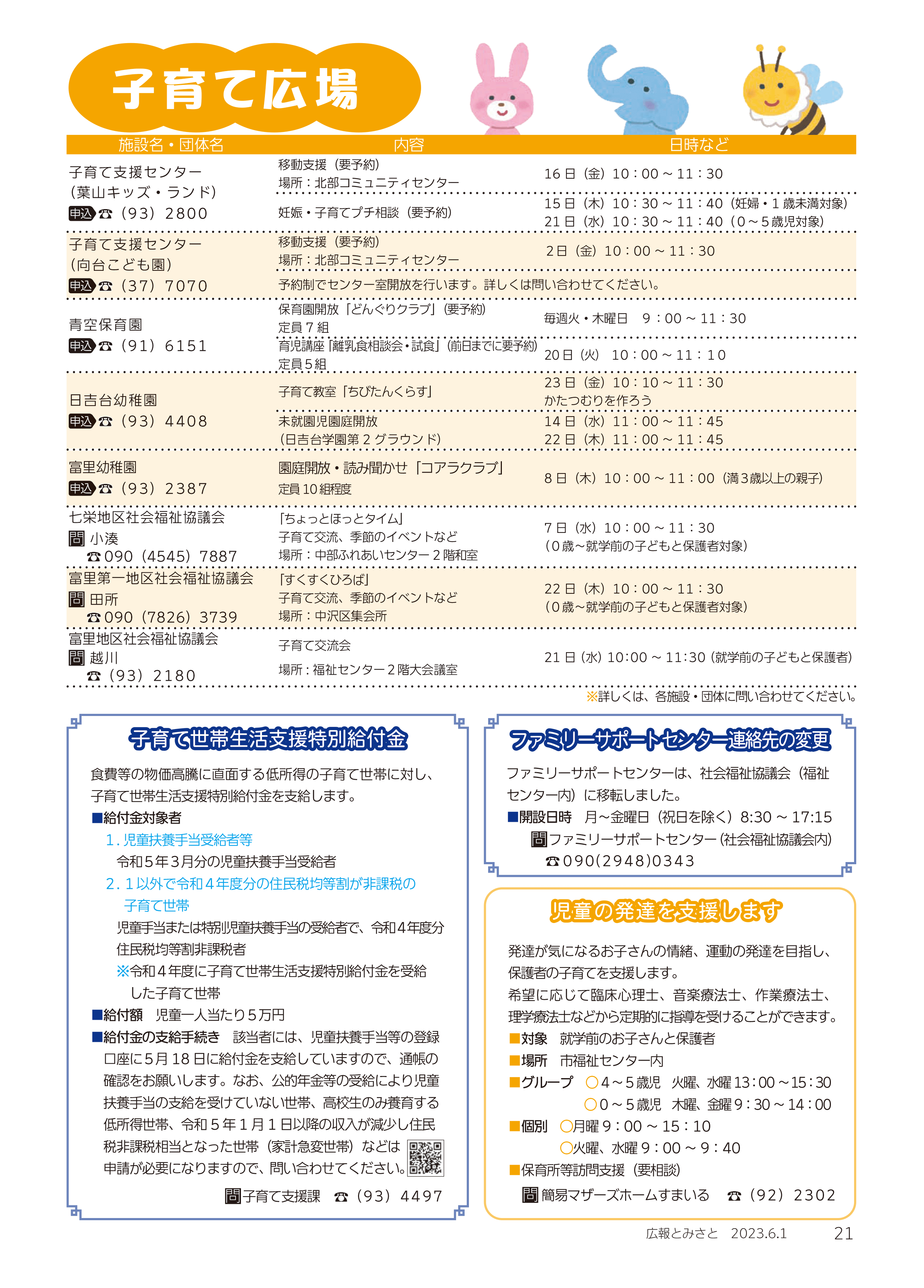 子育て広場・子育て世帯生活支援特別給付金 ・ファミリーサポートセンター連絡先の変更 ・児童の発達を支援しますpdf